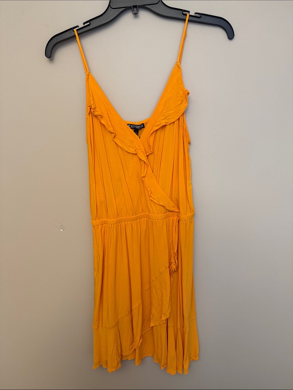 Express Yellow-Orange Spaghetti Strap Ruffle Wrap Mini Dress
